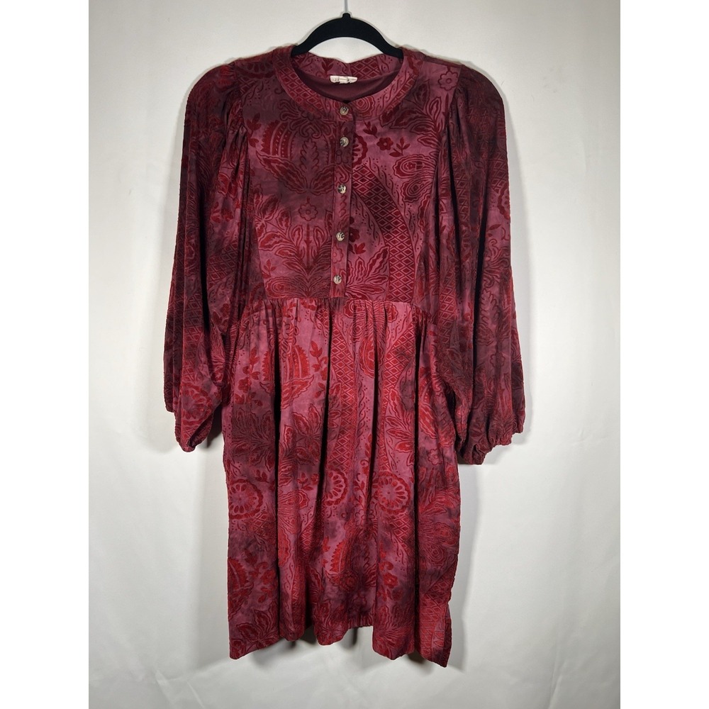 Jodifl Women's Red Burnt Out Velvet Tunic Dress Size Sā Long Sleeve Boho Gypsy